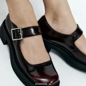 NWT Zara Buckle Mary Jane Platform Burgundy Red Shoes
